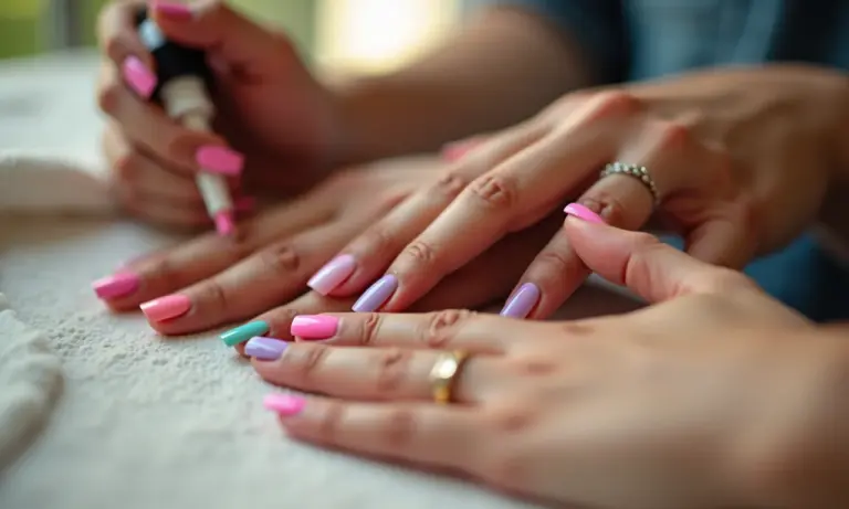 Mãos diversas aplicando produtos para secagem rápida de esmalte.