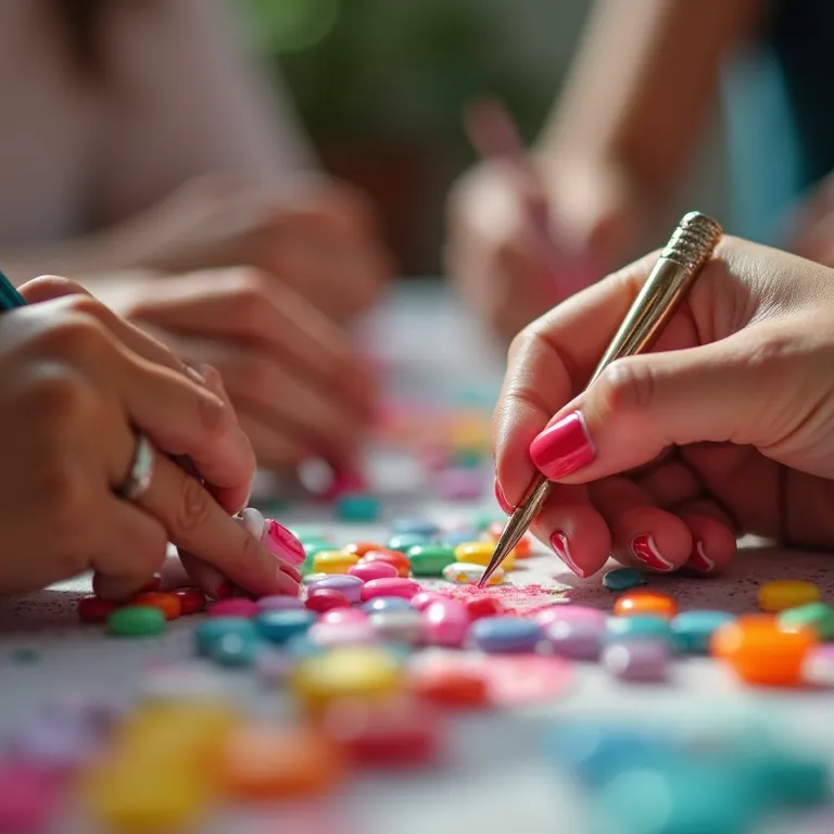Mãos diversas criando designs de nail art coloridos.