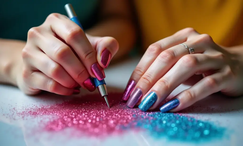Mãos diversas decorando unhas com glitter colorido para o Carnaval.