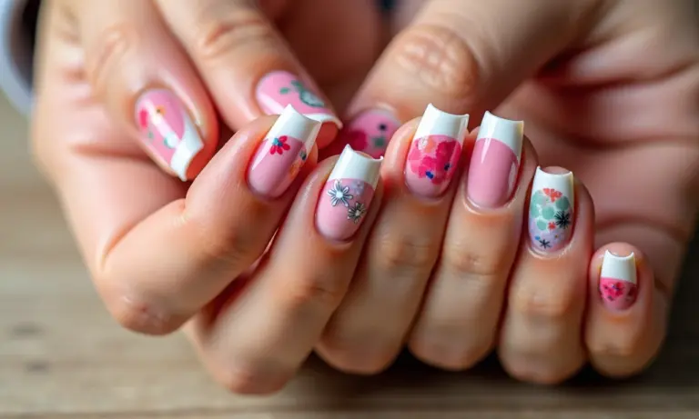 Mãos diversas exibindo designs de unhas de gel: francesinha, nail art moderna e cores vibrantes.