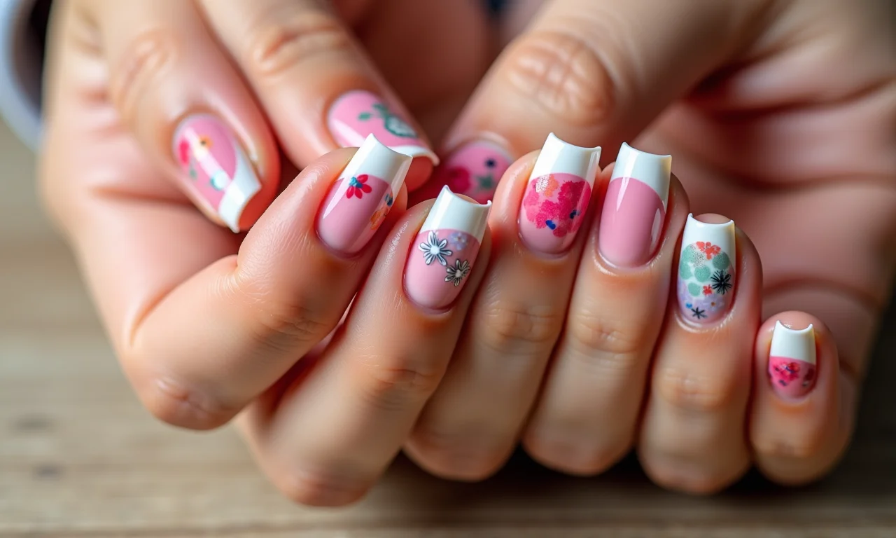 Mãos diversas exibindo designs de unhas de gel: francesinha, nail art moderna e cores vibrantes.