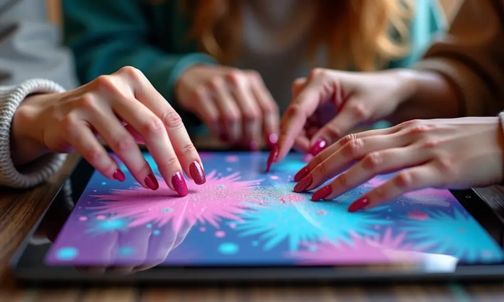 Mãos diversas jogando jogo de esmalte online em tablet, cores vibrantes.