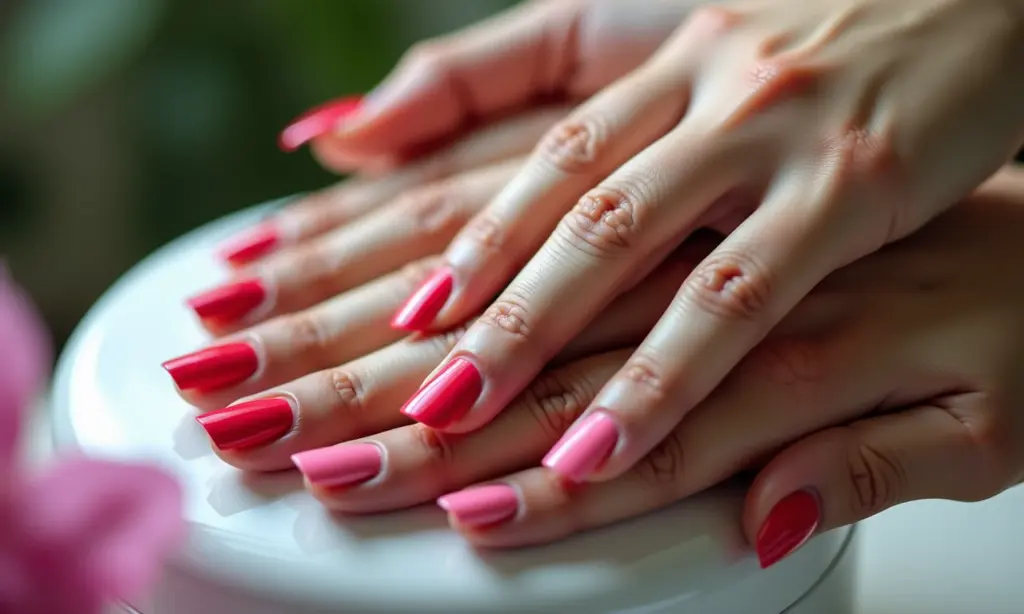 Mãos diversas utilizando secador de esmalte colorido.