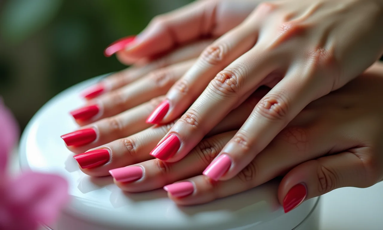 Mãos diversas utilizando secador de esmalte colorido.