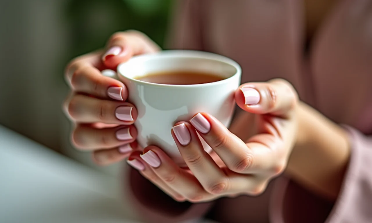 Mãos elegantes com esmalte nude Fina Flor segurando uma xícara de chá.