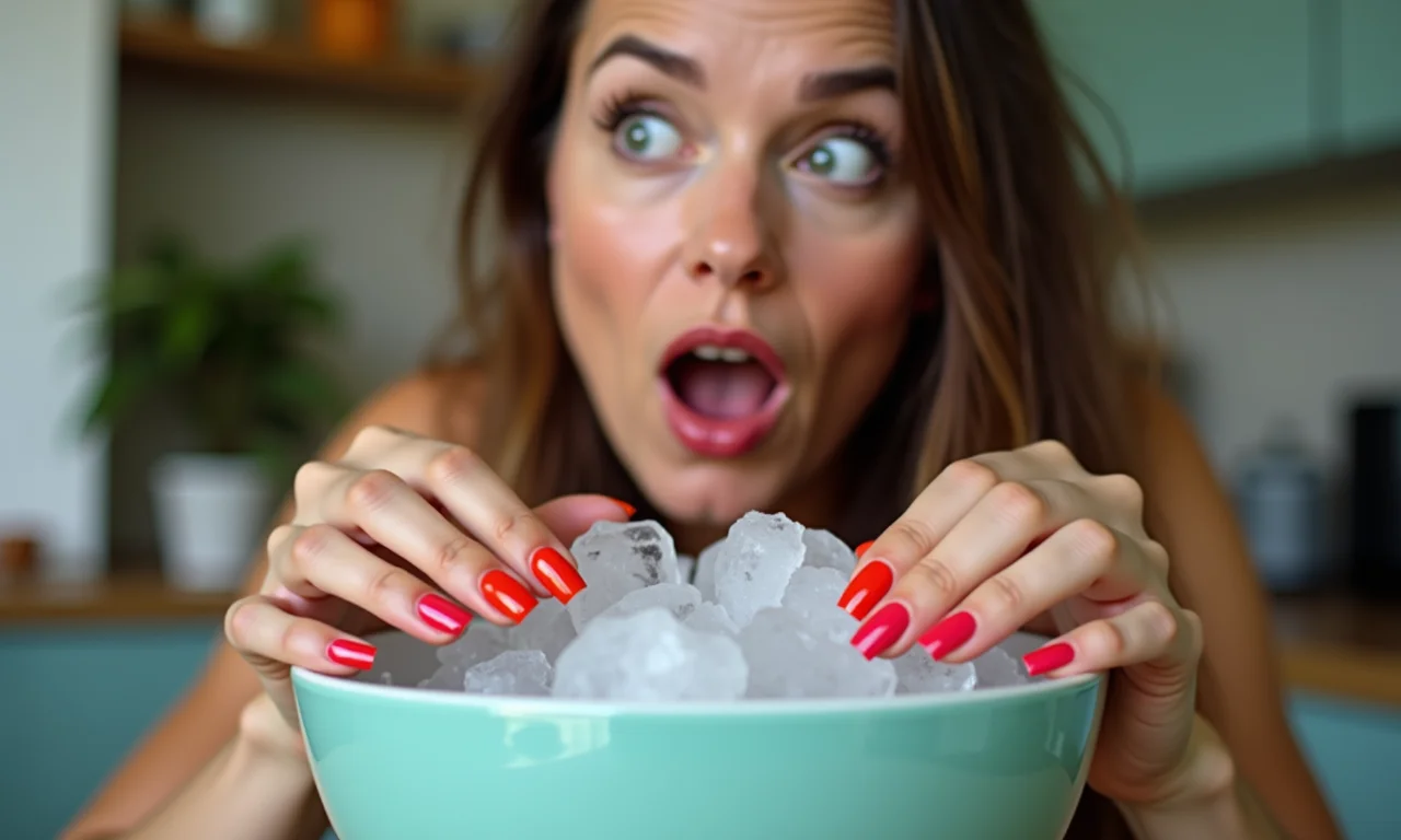 Mãos em água gelada para secar o esmalte.