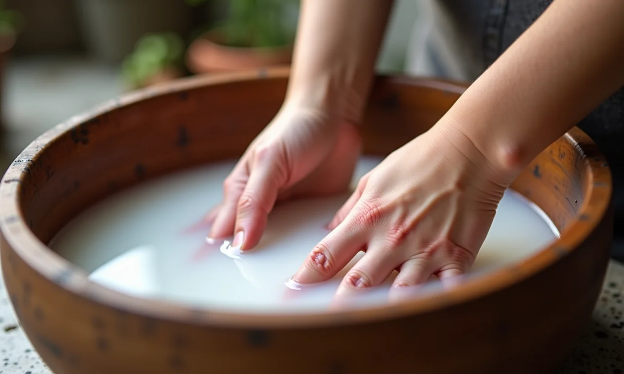 Mãos em solução de vinagre branco para clarear unhas.