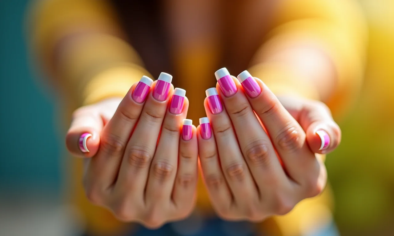 Mãos femininas com francesinha colorida e alegre.