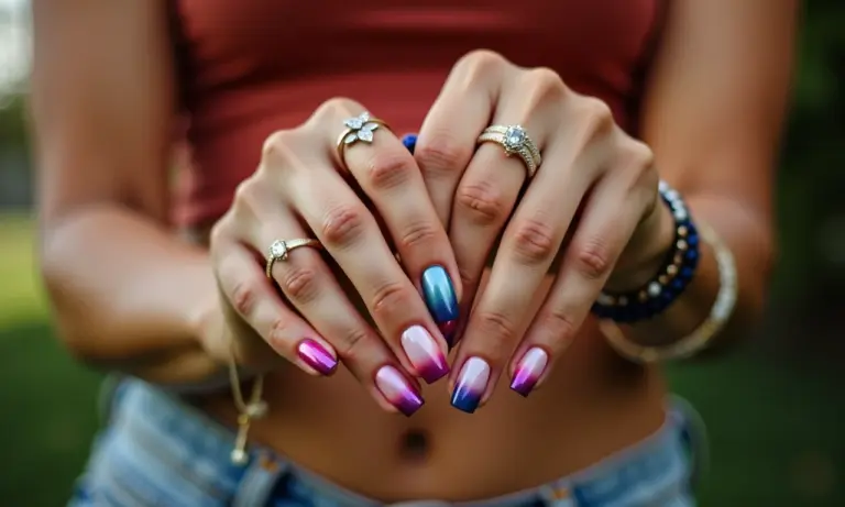 Mãos femininas com unhas bem cuidadas e esmaltes coloridos.