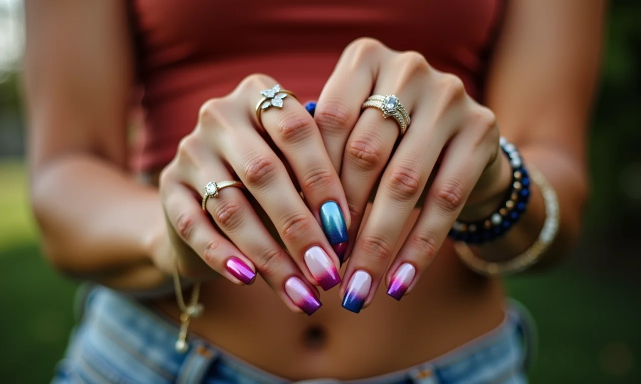 Mãos femininas com unhas bem cuidadas e esmaltes coloridos.