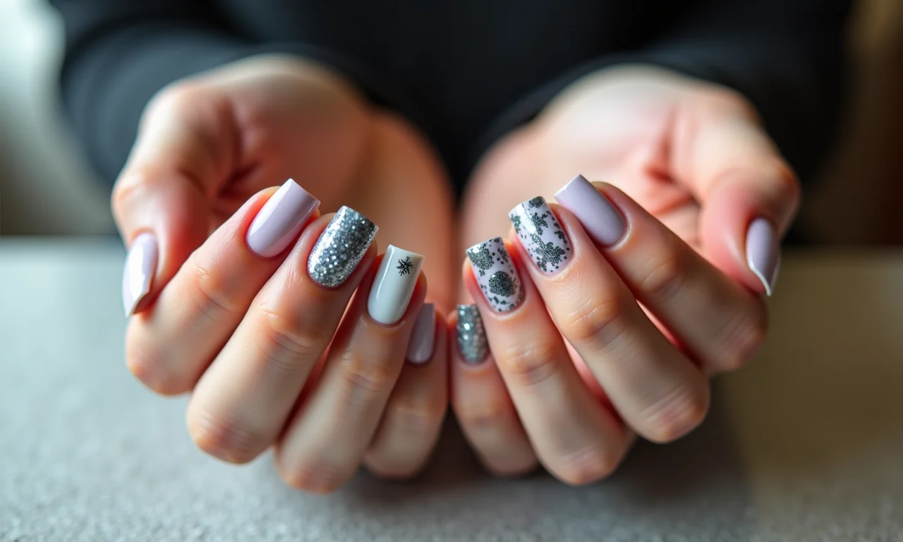 Mãos femininas com unhas bem-feitas e estilosas em um salão de beleza.