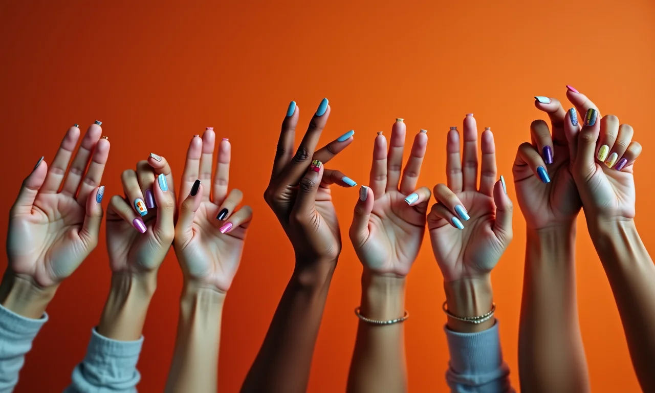 Mãos femininas com unhas decoradas simples e coloridas.