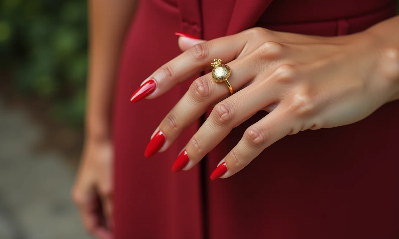 Mãos femininas com unhas em tons clássicos de vermelho e nude.