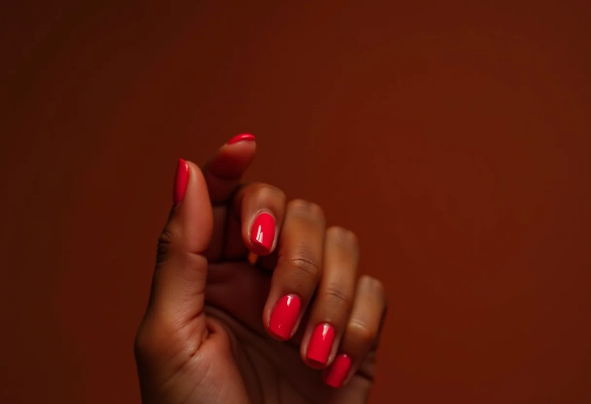 Mãos femininas com unhas impecáveis e esmalte vibrante