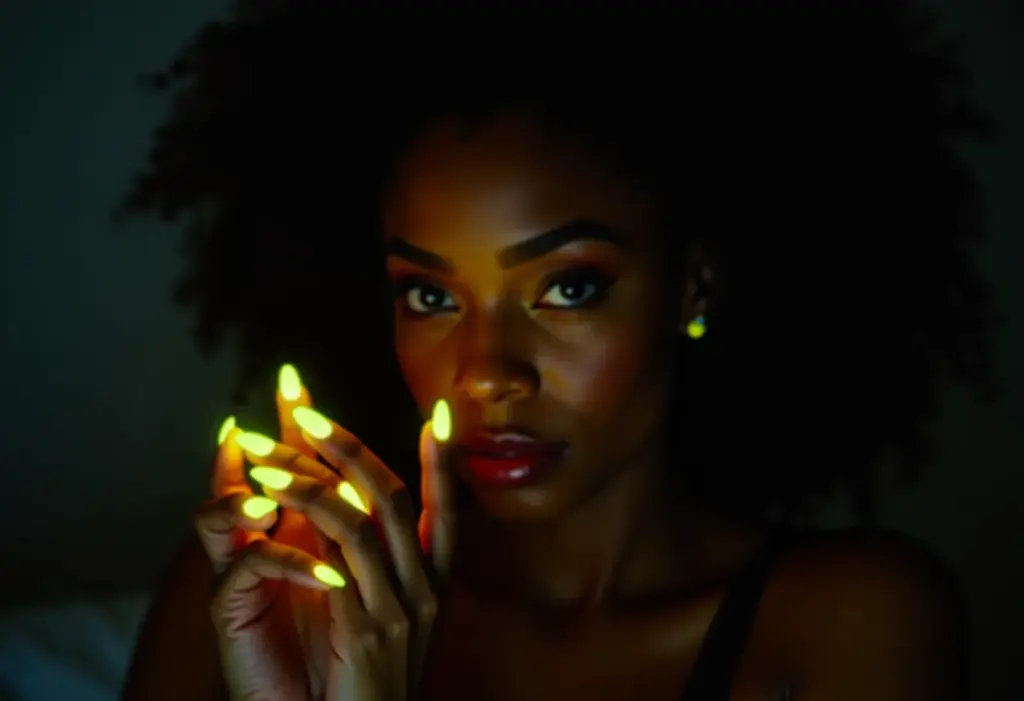 Mãos femininas com unhas neon brilhando no escuro