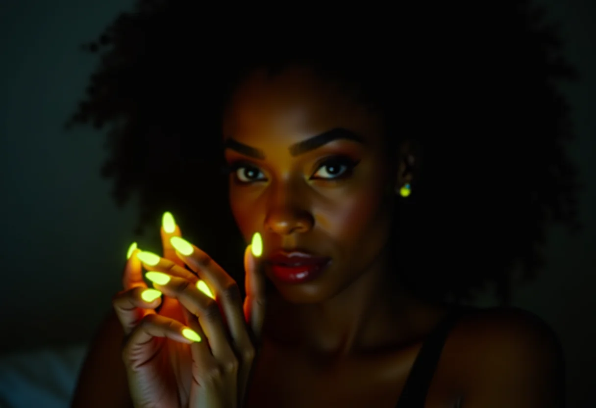 Mãos femininas com unhas neon brilhando no escuro
