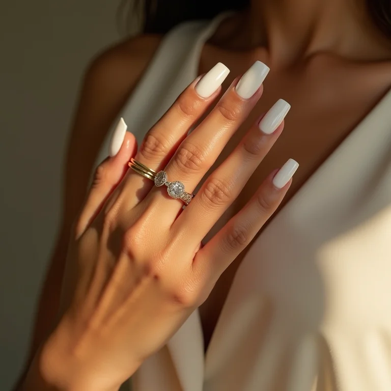 Mãos femininas com unhas quadradas brancas.