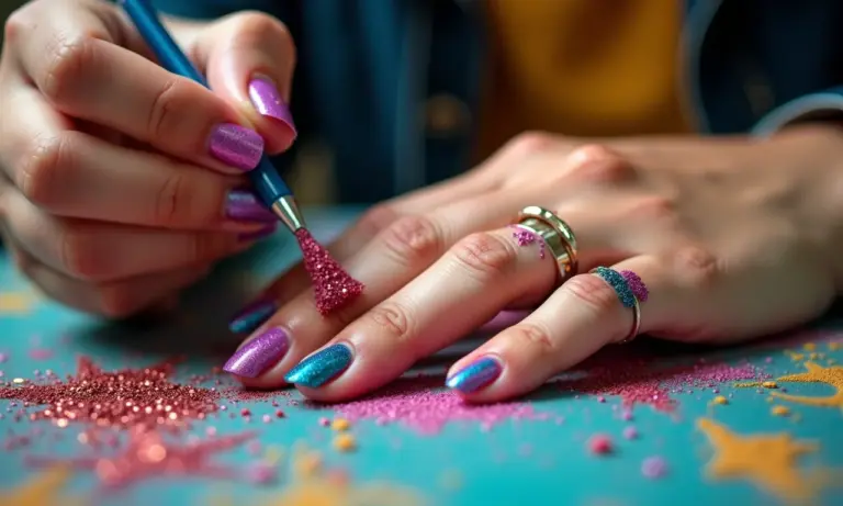 Mãos femininas decorando unhas com glitter e adesivos coloridos.