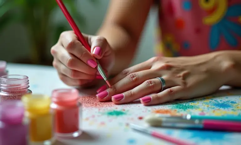 Mãos femininas diversas aplicando esmalte com glitter em unhas decoradas.