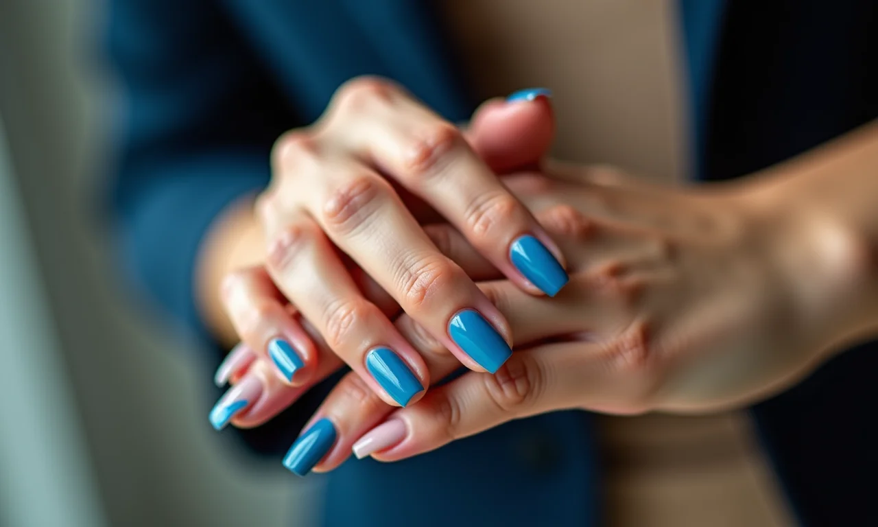 Mãos femininas elegantes com unhas em azul clássico.