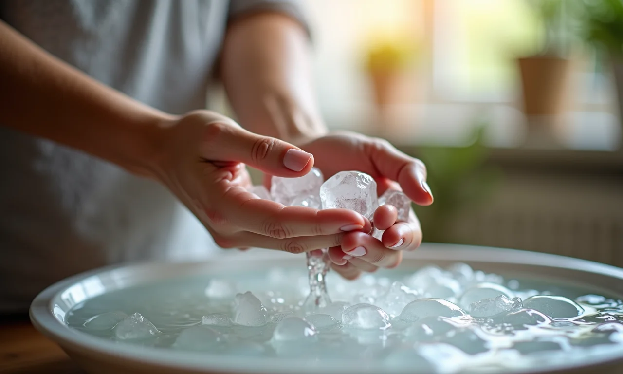 Mãos mergulhando unhas em água gelada.
