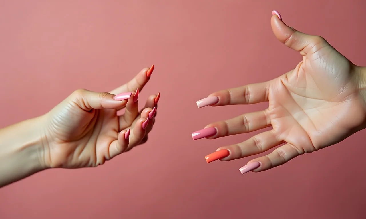 Mãos mostrando cores de esmalte da moda com revista de moda ao fundo.