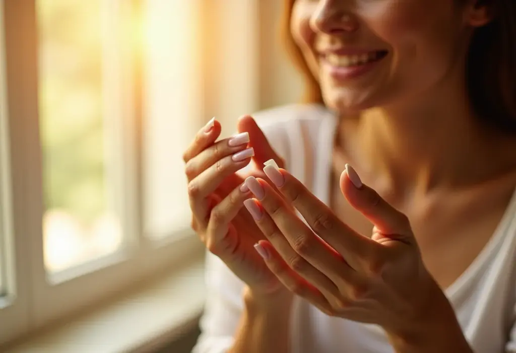 Mãos saudáveis aplicando esmalte fortalecedor transparente
