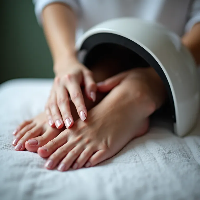 Mãos secando as unhas em um aparelho moderno de secagem.