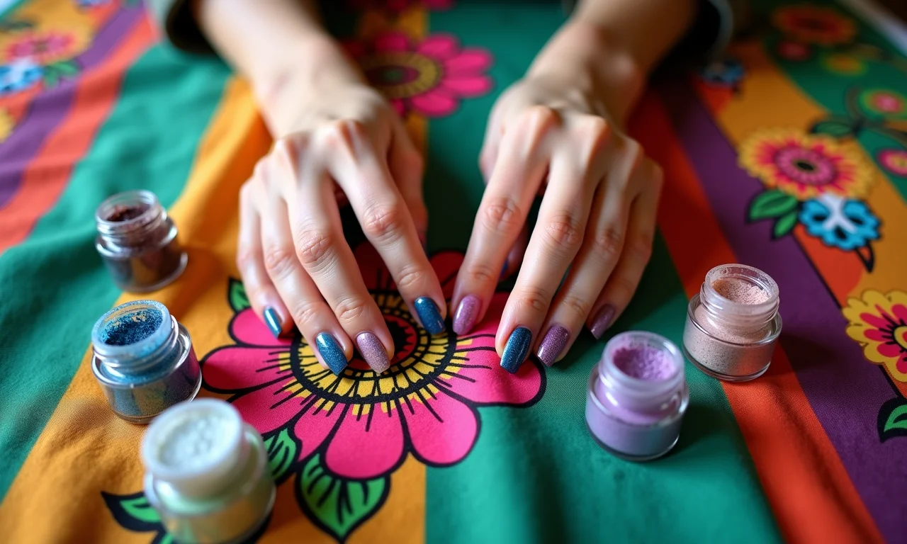 Materiais básicos para unhas de Carnaval com glitter.