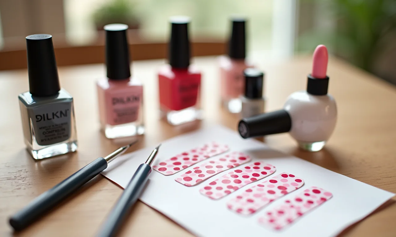 Materiais essenciais para criar unhas poá organizados em uma mesa.