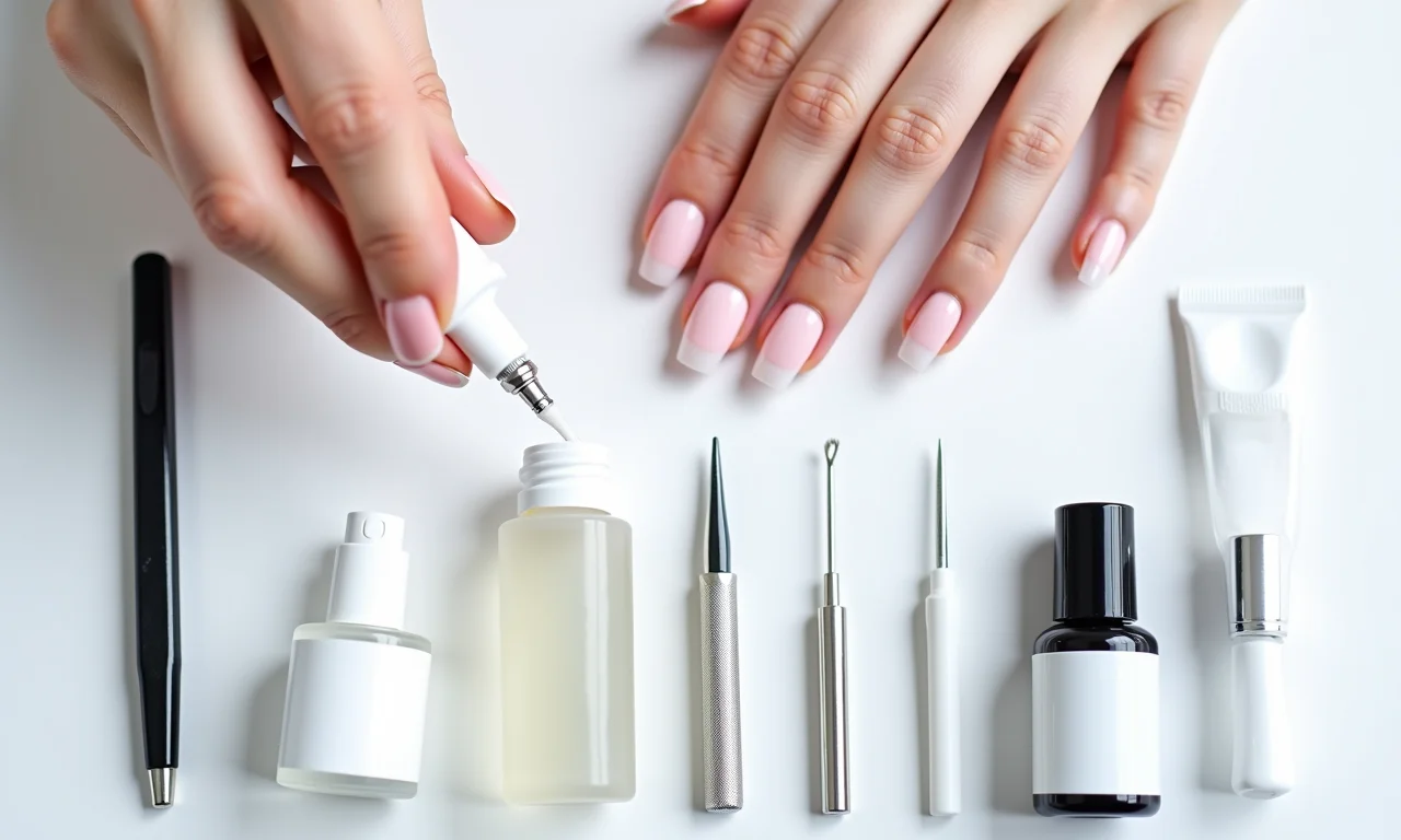 Materiais necessários para aplicar unhas de fibra de vidro.