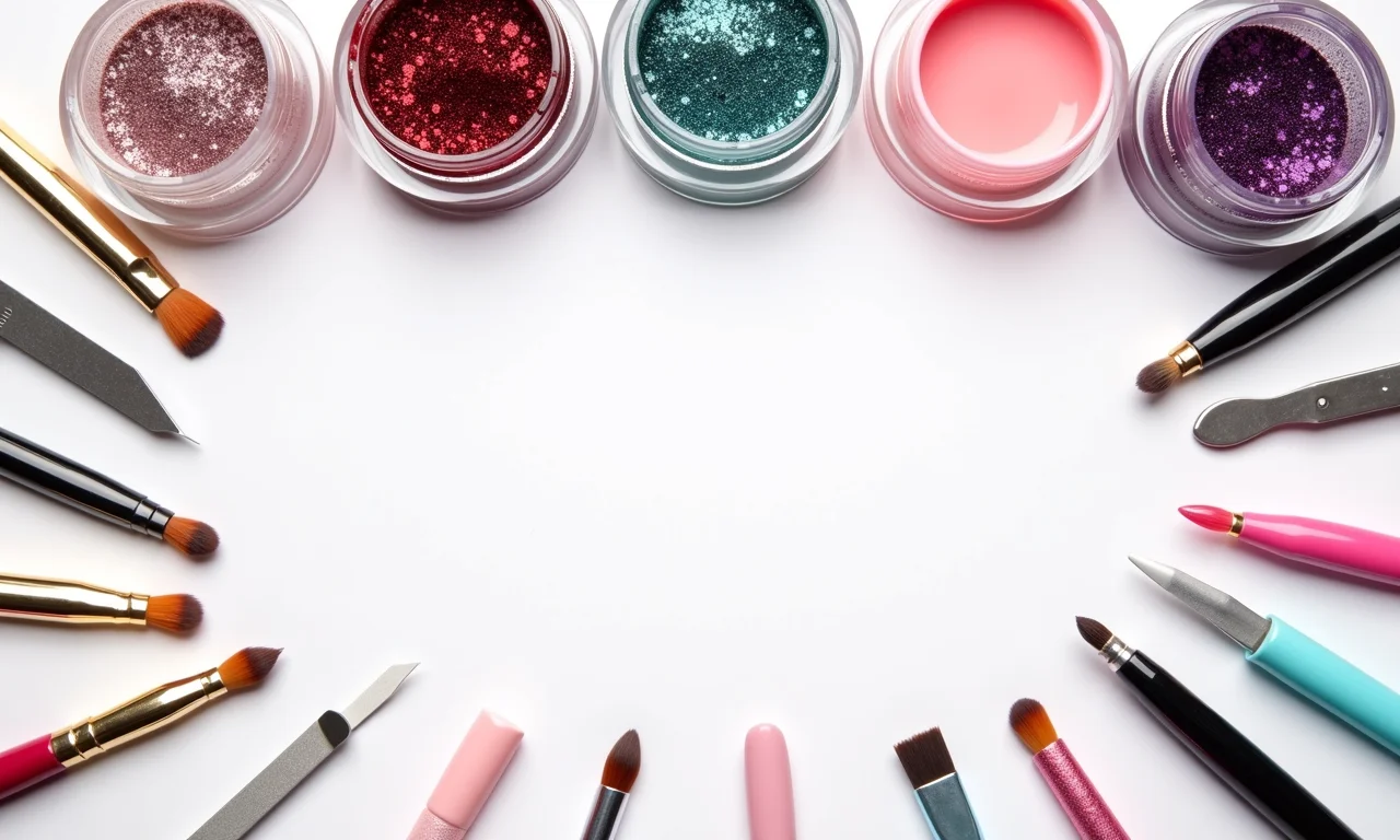 Materiais necessários para unha cascata de glitter.