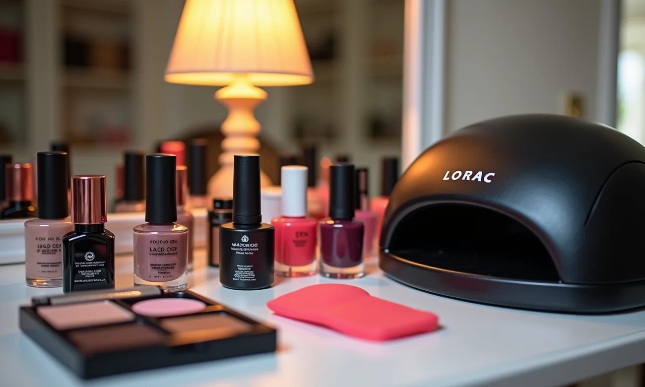 Mesa de beleza com secador de esmalte Lorac.
