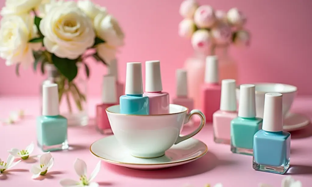 Mesa decorada para chá de esmalte com esmaltes coloridos e xícaras de chá.