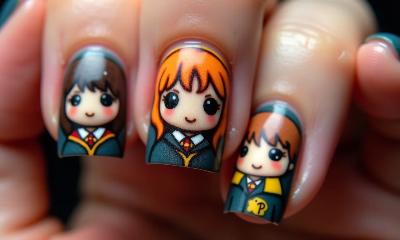 Miniaturas dos personagens de Harry Potter nas unhas.
