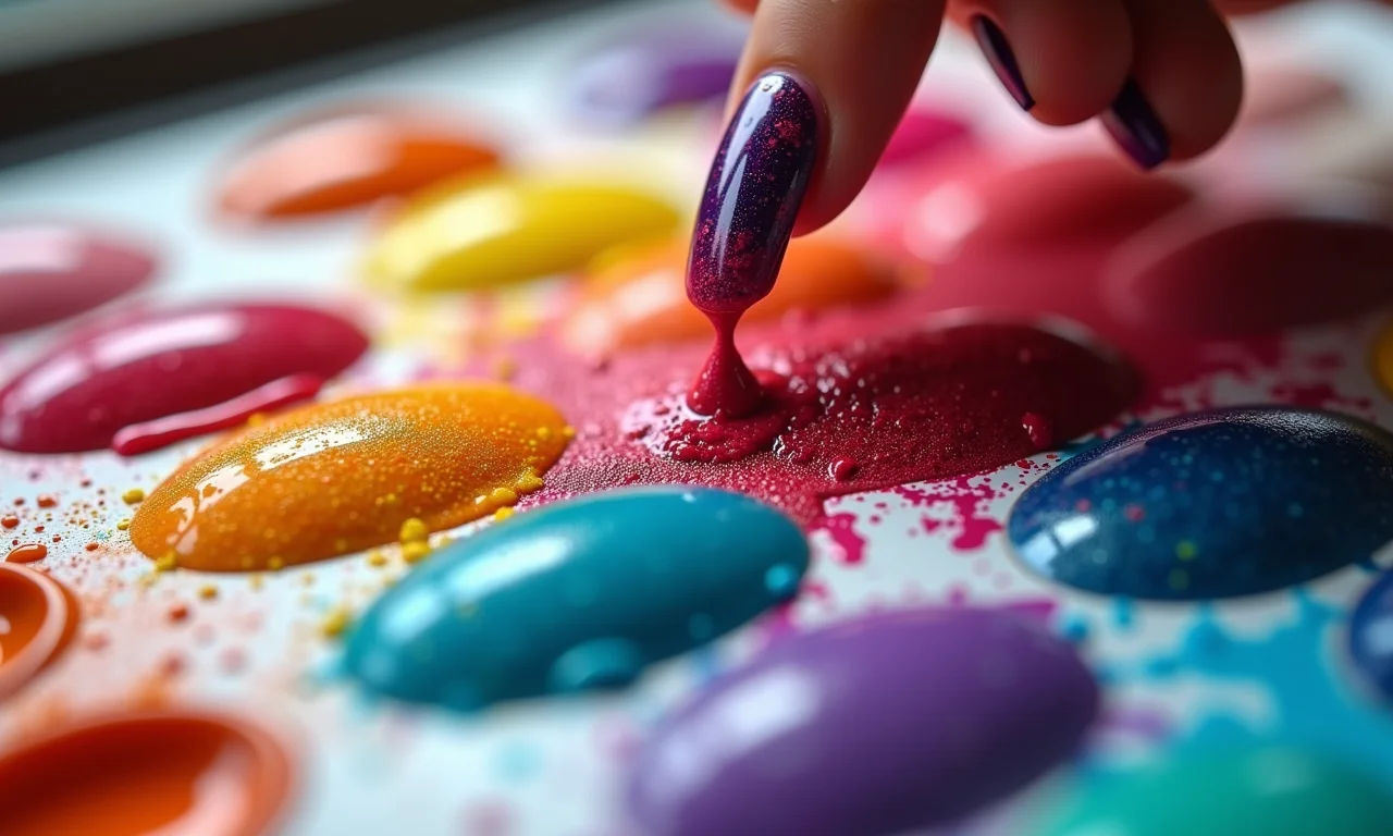 Mistura de cores de esmalte em paleta virtual, pigmentos vibrantes.