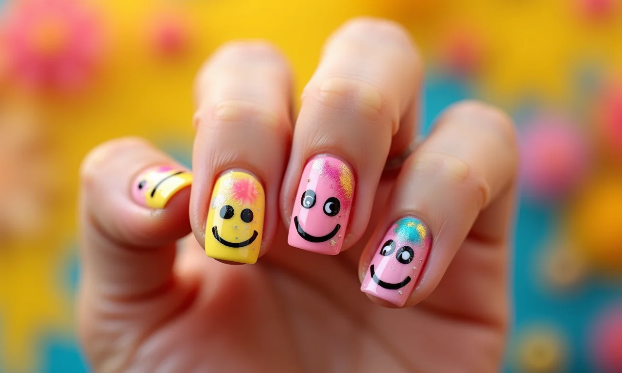 Mix de cores alegres em unhas decoradas com sorriso