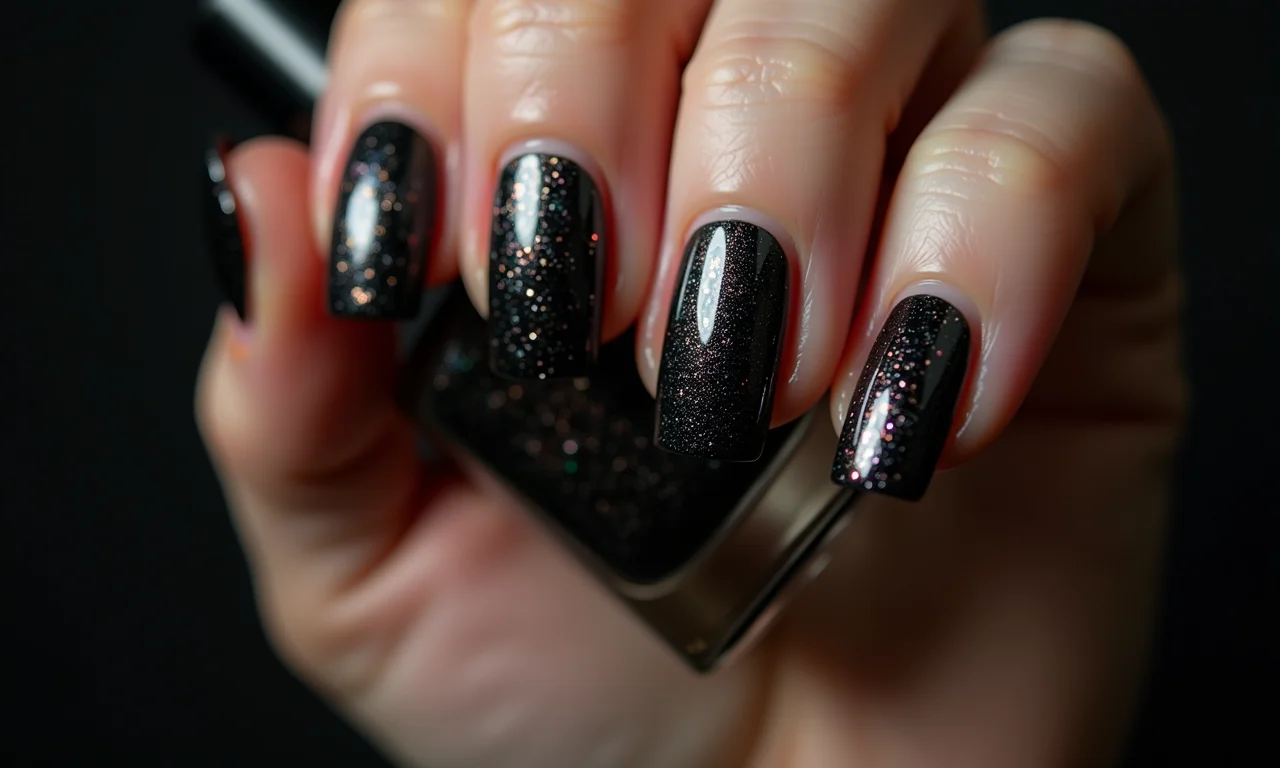 Mix de texturas com esmalte craquelado em unhas pretas.