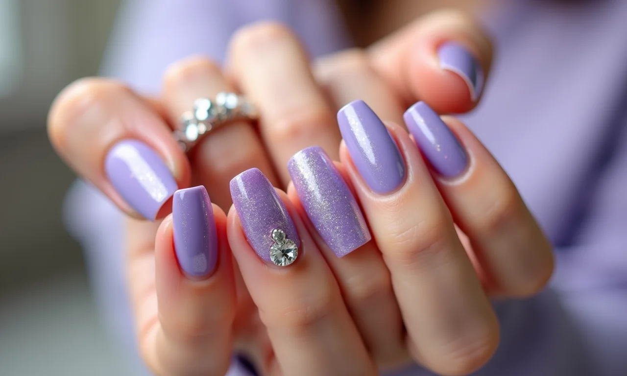 Mix de texturas em unhas lilás com pedras: glitter, matte e brilho.
