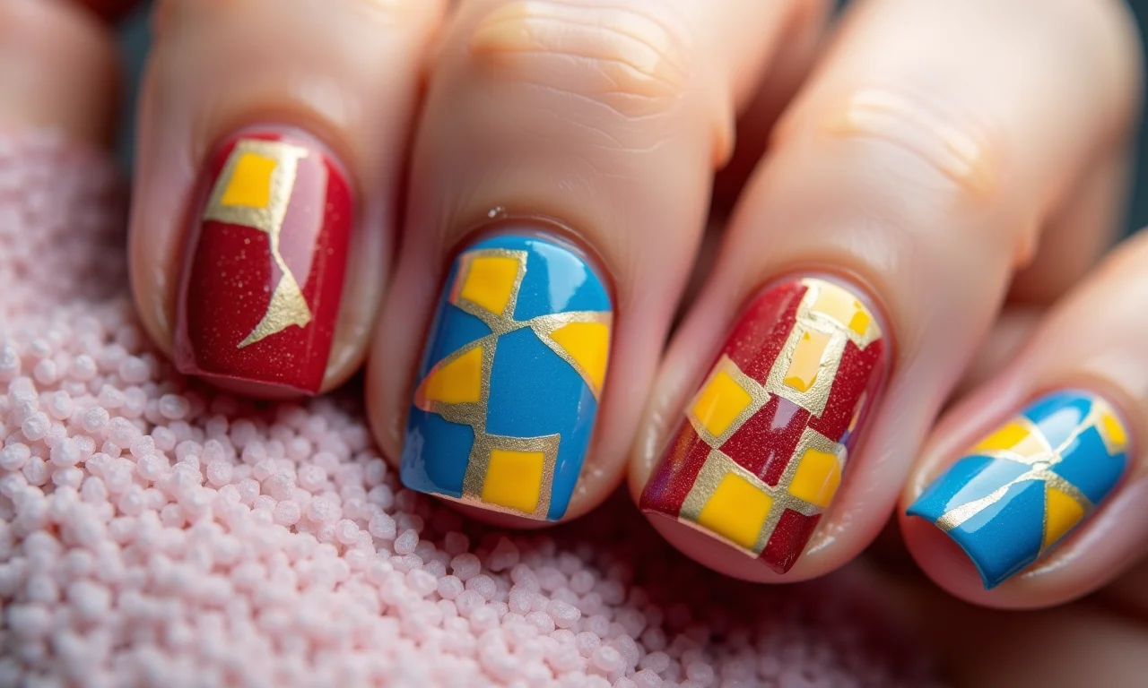 Mosaico clássico com cores vibrantes nas unhas.