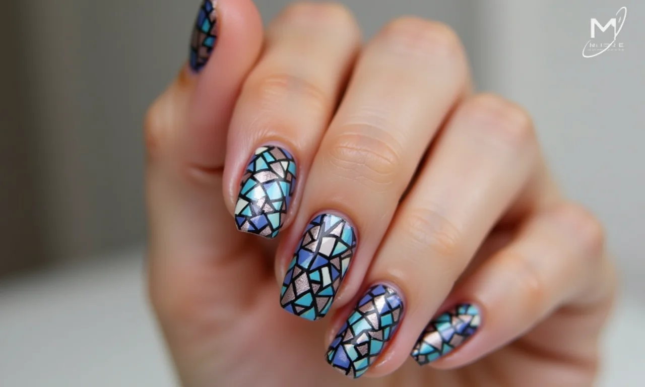 Mosaico com fitas adesivas nas unhas.
