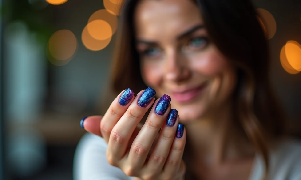 Mulher admirando suas unhas galáxia recém-feitas.
