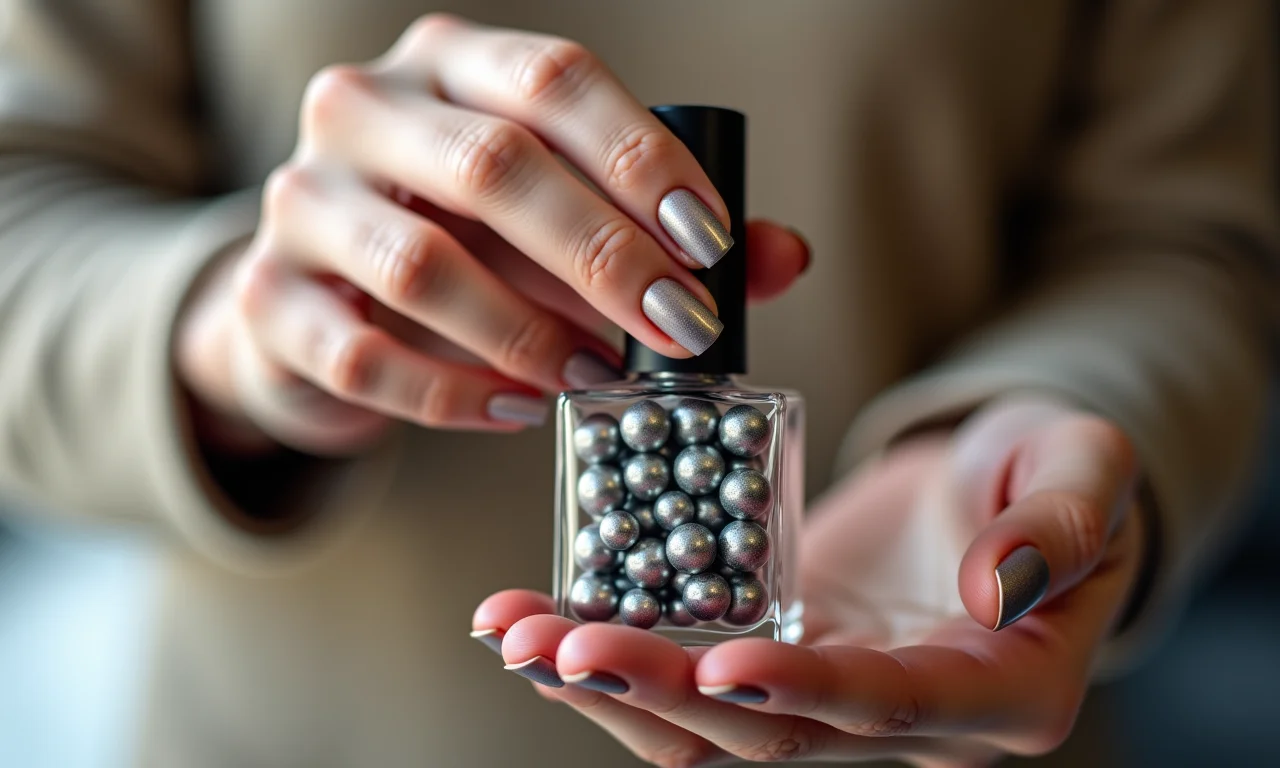Mulher agitando esmalte com bolinhas de aço inoxidável.