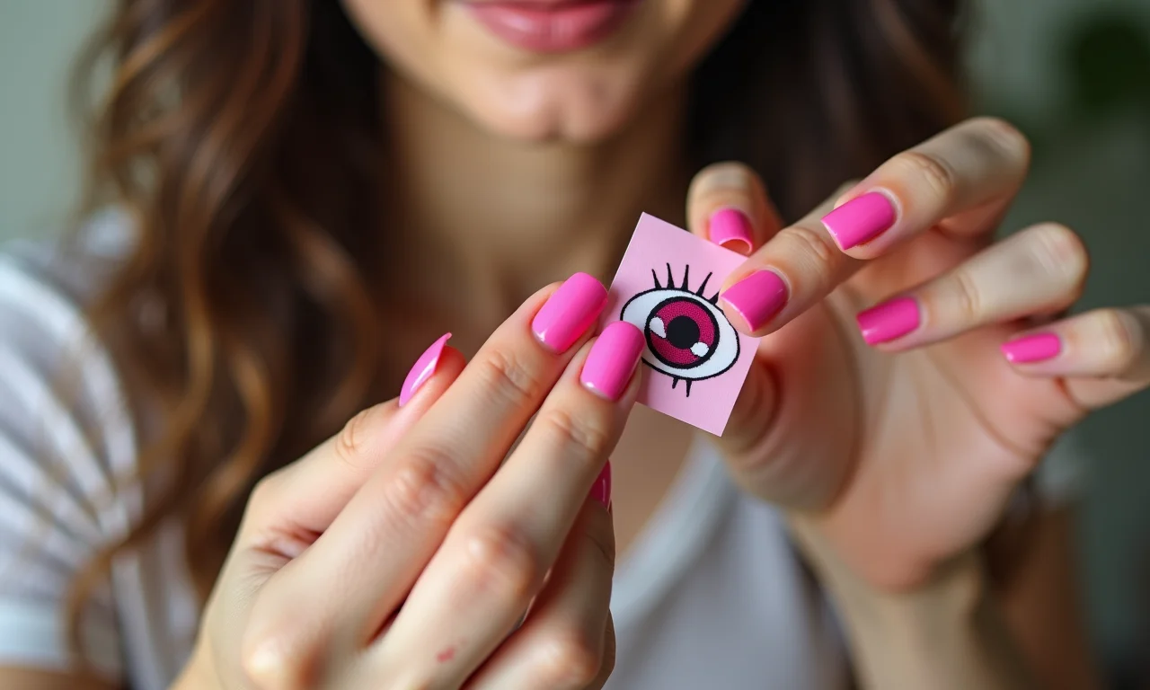 Mulher aplicando adesivo de olho grego rosa na unha.