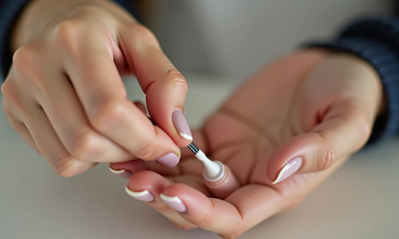 Mulher aplicando base fortalecedora nas unhas.