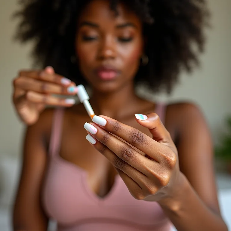 Mulher aplicando esmalte colorido nas unhas.