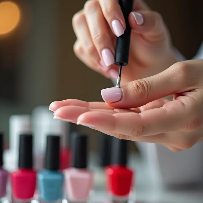 Mulher aplicando esmalte com variedade de marcas ao fundo.