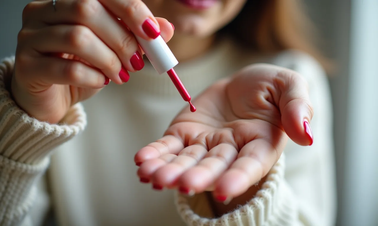 Mulher aplicando esmalte de longa duração em casa.