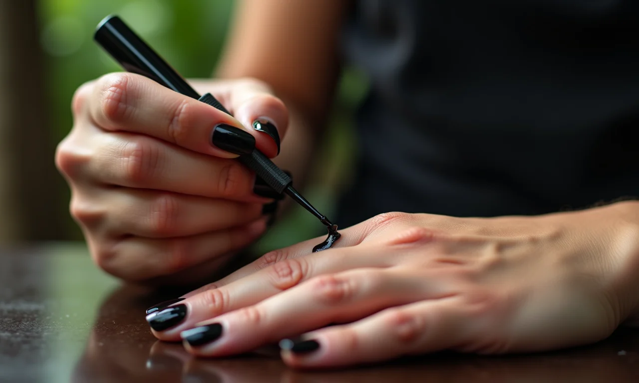 Mulher aplicando esmalte escuro nas unhas, com foco no contraste de cores.