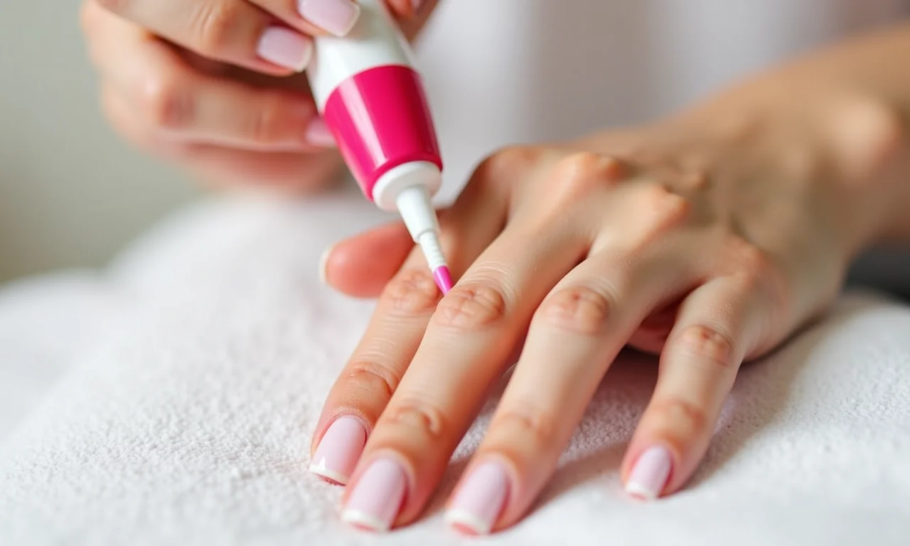 Mulher aplicando unhas soft gel em casa.